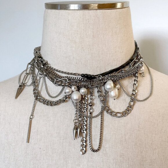 Pearl Layered Silver Chain Choker Necklace Dramatic - Picture 6 of 6